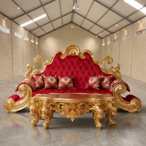 Sofa Mewah Klasik Kerajaan Jepara Rangka Kayu Jati Full Ukir dan Velvet Merah Gold